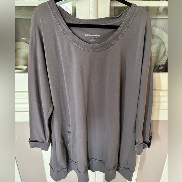 Soft Surroundings Peruvian Pullover - Taupe - 2X - Ruffled Pockets - 3/4 Sleeves - Picture 1 of 8